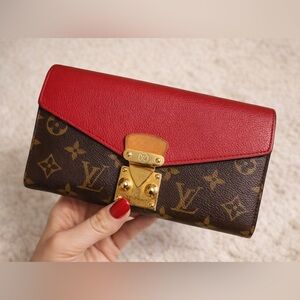 Authentic Louis Vuitton Pallas Wallet Monogram Canvas Red Leather Gold Lock ✨